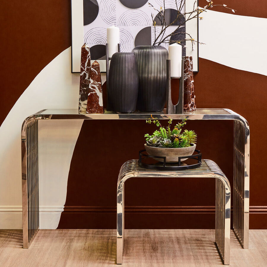 Silver Slatted End Table with Tempered Clear Glass, Vogue