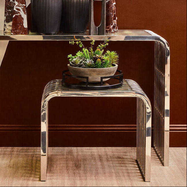 Silver Slatted End Table with Tempered Clear Glass, Vogue