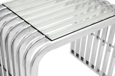 Silver Slatted End Table with Tempered Clear Glass, Vogue