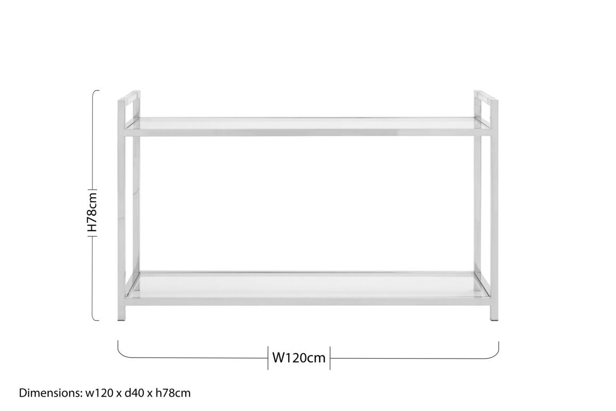 Silver Stainless Steel Base and Tempered Glass Console Table with Two Display Tiers, Vogue