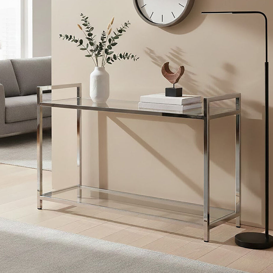 Silver Stainless Steel Base and Tempered Glass Console Table with Two Display Tiers, Vogue
