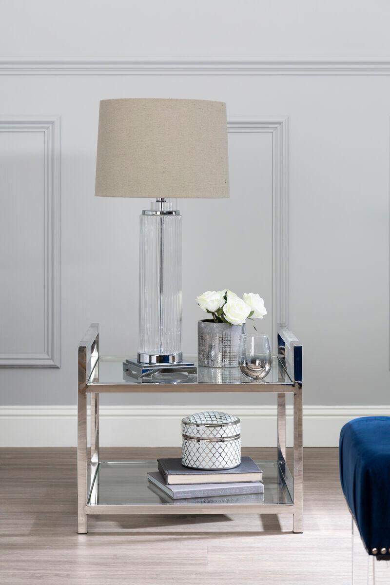 Silver Two Tier Square End Table with Glass Top, Vogue