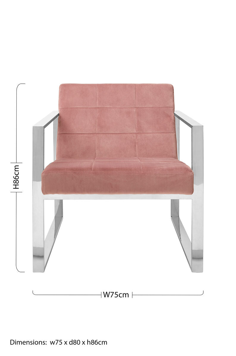 Vogue Pink Velvet Lounge Chair with Polished Stainless Steel Frame