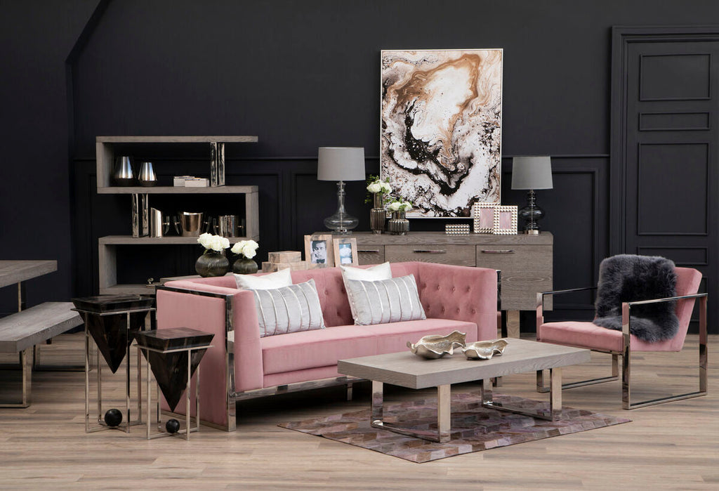 Vogue Pink Velvet Lounge Chair with Polished Stainless Steel Frame
