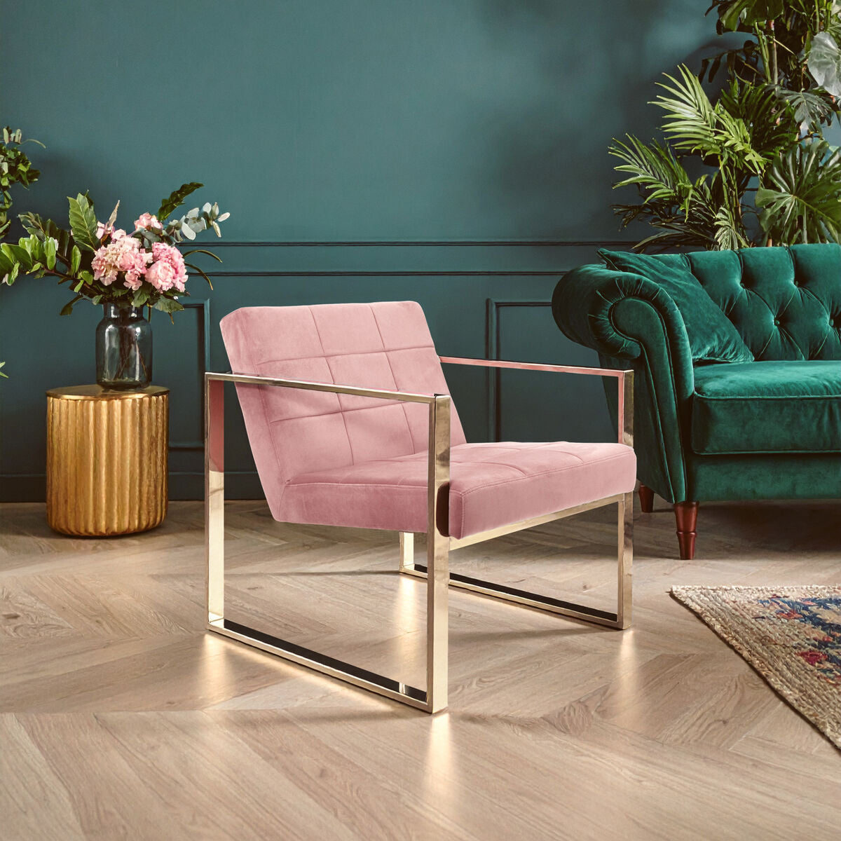 Vogue Pink Velvet Lounge Chair with Polished Stainless Steel Frame
