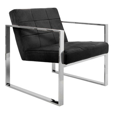 Vogue Black Velvet Lounge Chair with Polished Stainless Steel Frame