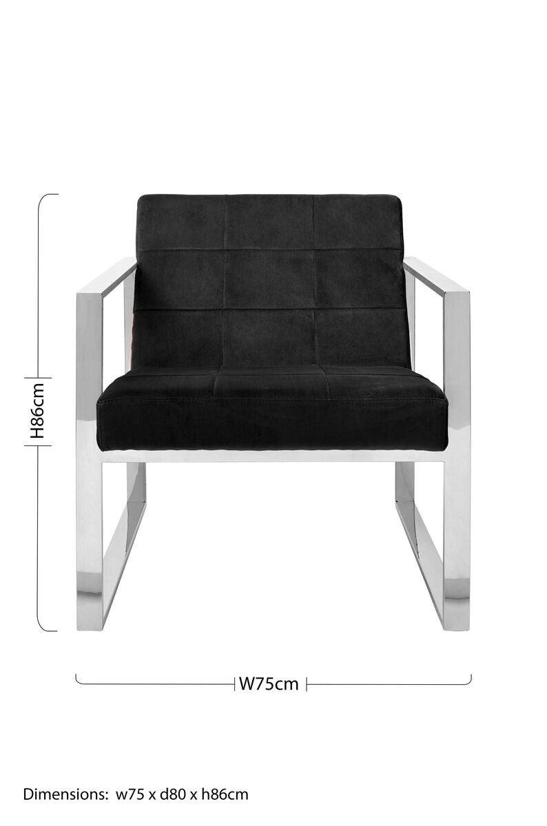 Vogue Black Velvet Lounge Chair with Polished Stainless Steel Frame