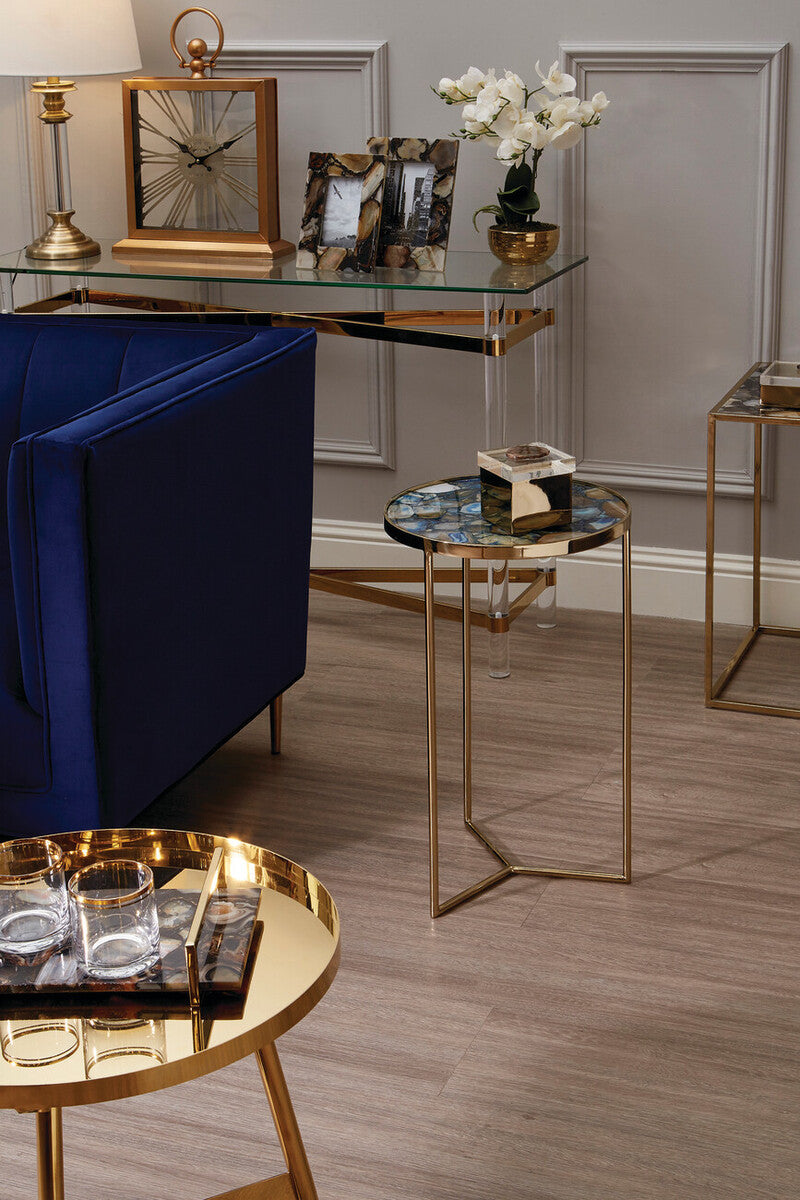 Agate Top Round Side Table with Gold Frame, Vita