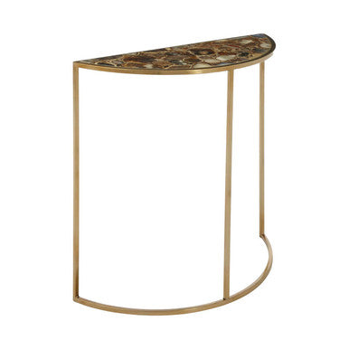 Black Agate Top Half Moon Console Table in Gold Coloured Steel Frame, Vita