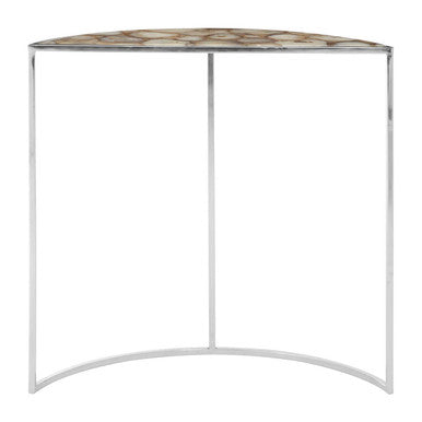 Half Moon Console Table with White Agate Stone Top and Silver Steel Frame, Vita