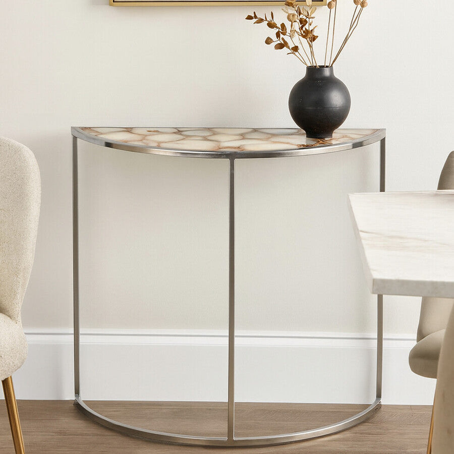 Half Moon Console Table with White Agate Stone Top and Silver Steel Frame, Vita