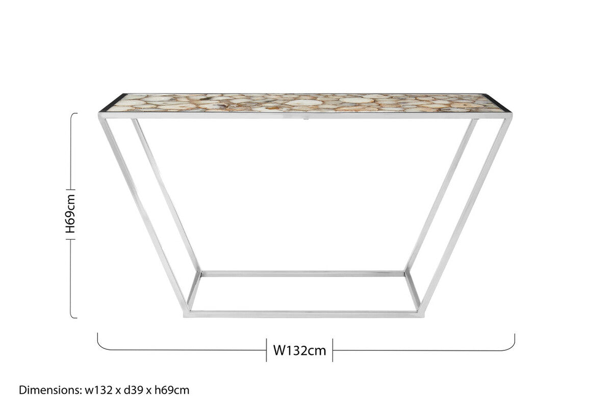 Semi-Precious White Agate Top Console Table in Polished Stainless Steel, Vita
