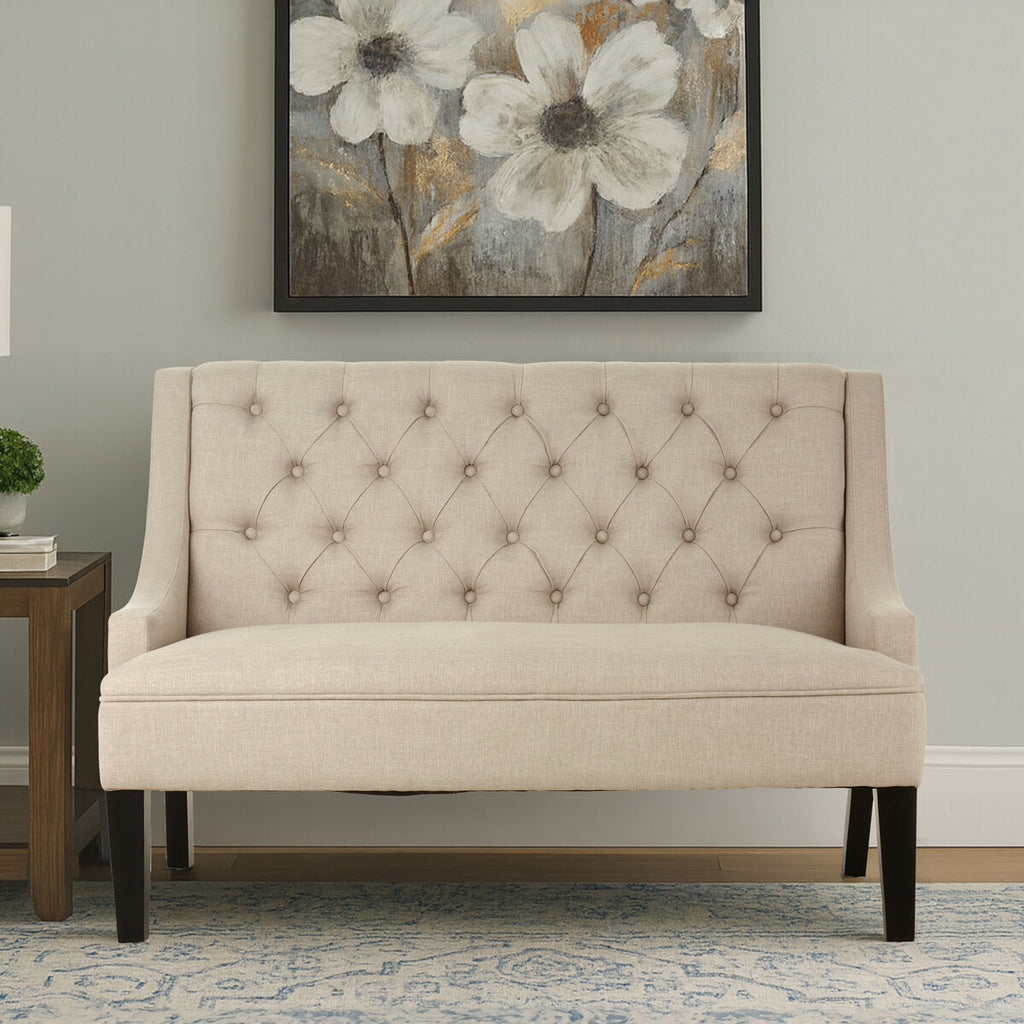 Doucet Natural Linen Bench with Button Tufting