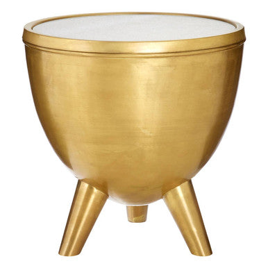 Gold Metallic Finish Side Table with Natural White Marble Top and Tapered Legs, Crest