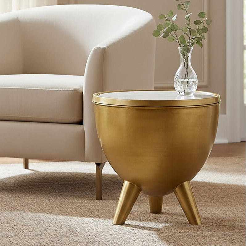 Gold Metallic Finish Side Table with Natural White Marble Top and Tapered Legs, Crest