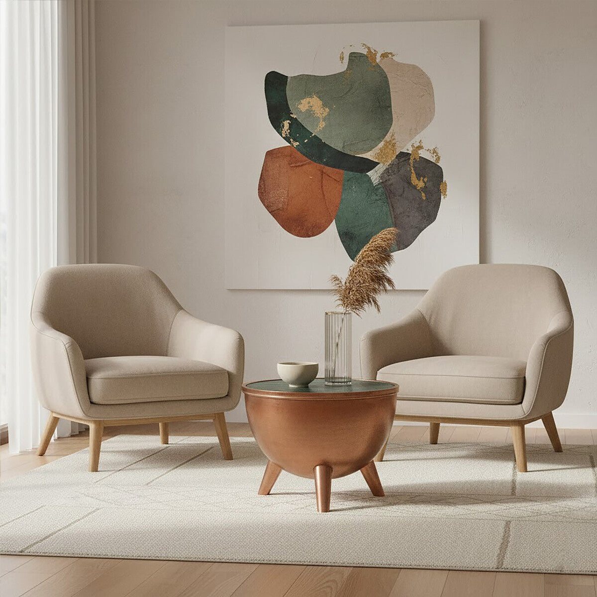 Copper Metallic Finish Coffee Table with Natural Green Marble Top and Tapered Legs, Crest