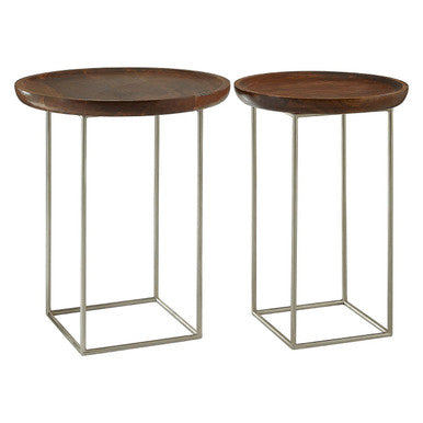 Set of 2 Side Tables with Reflective Silver Iron Legs and Wood Tops, Crest