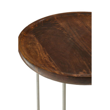 Set of 2 Side Tables with Reflective Silver Iron Legs and Wood Tops, Crest