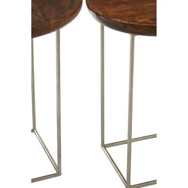 Set of 2 Side Tables with Reflective Silver Iron Legs and Wood Tops, Crest