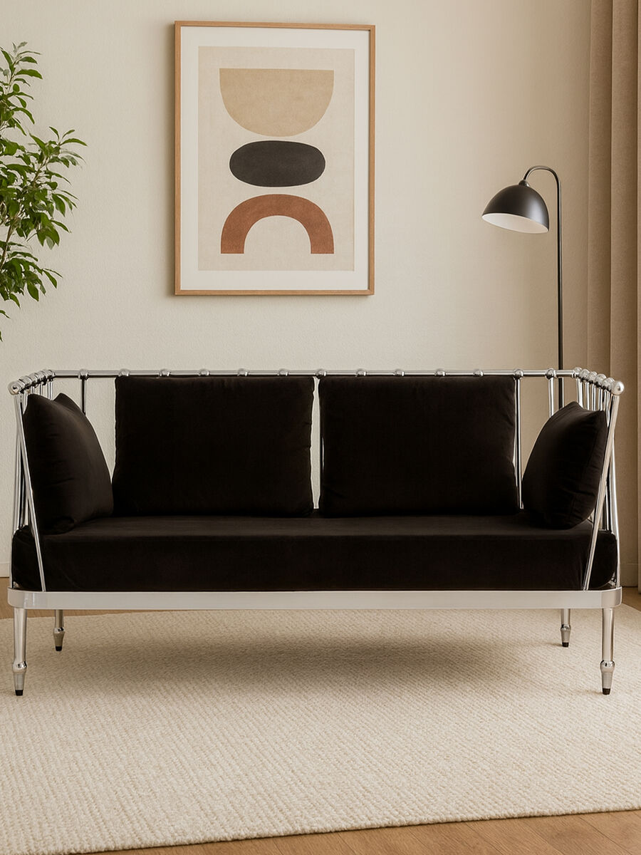 2 Seater Silver Finish Tapered Arms Sofa, Novo