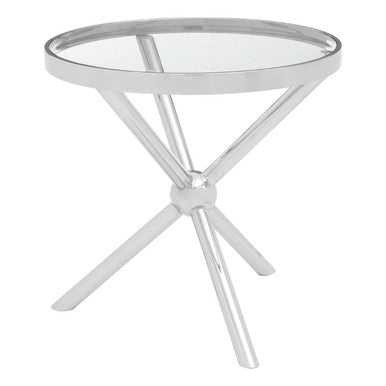 Round Silver Side Table with Tempered Glass Top, Novo