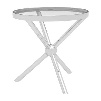 Round Silver Side Table with Tempered Glass Top, Novo