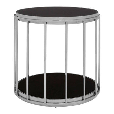 Silver Steel Cage Design Frame Side Table with Tempered Black Glass, Novo