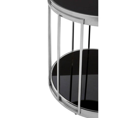 Silver Steel Cage Design Frame Side Table with Tempered Black Glass, Novo