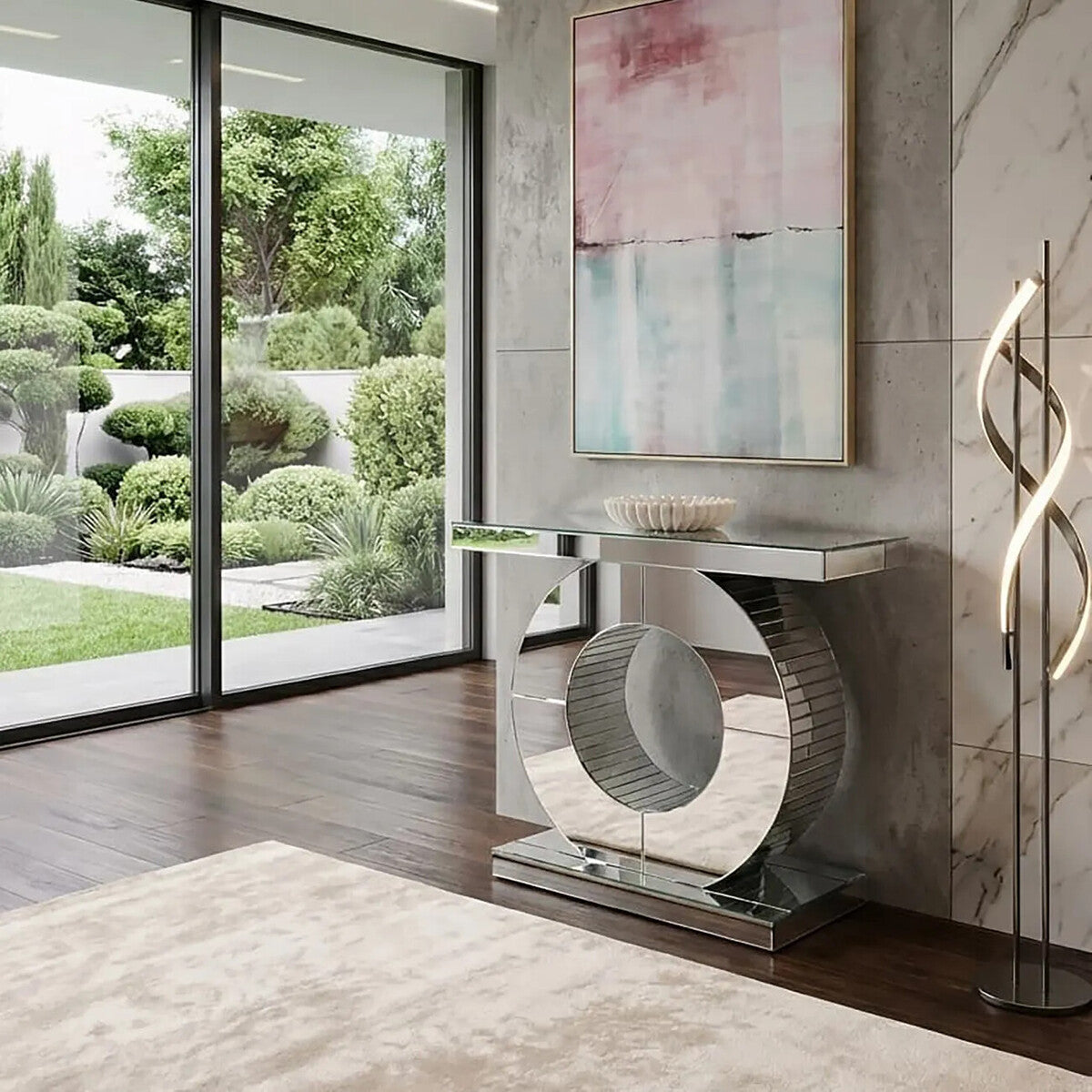 Mirrored Console Table with Round Mirrored Base and Decorative Ridges, Gianara