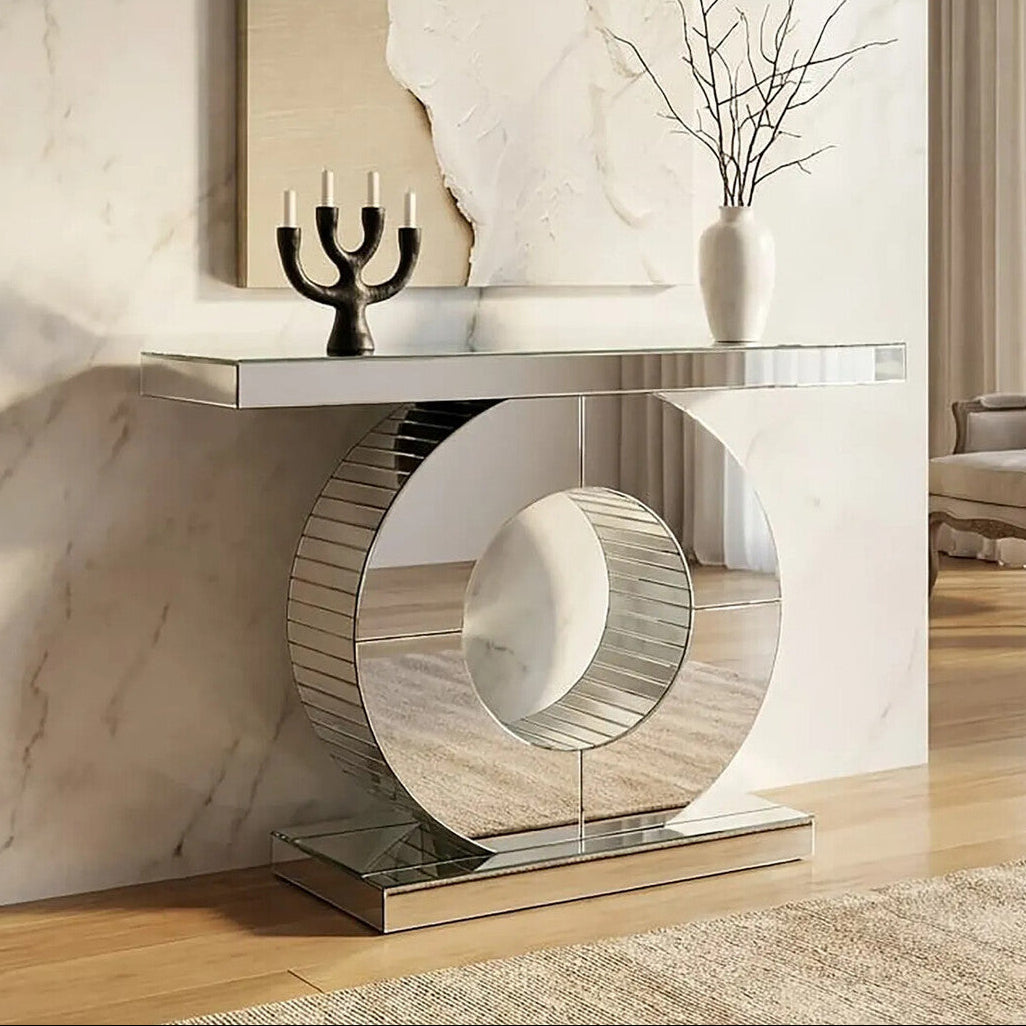 Mirrored Console Table with Round Mirrored Base and Decorative Ridges, Gianara