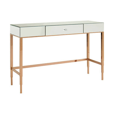 Rose Gold Console Table with Mirrored Glass Top and Drawer, Goldie