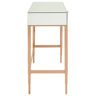 Rose Gold Console Table with Mirrored Glass Top and Drawer, Goldie