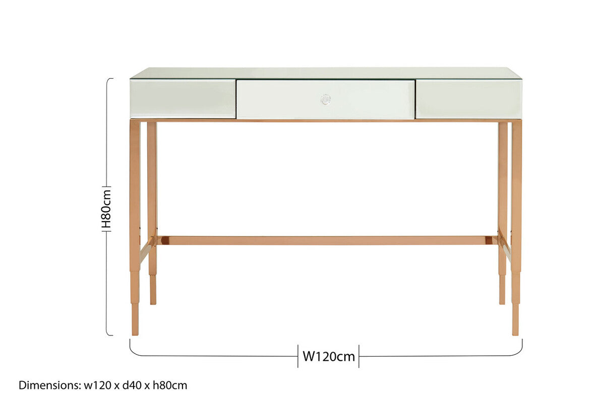 Rose Gold Console Table with Mirrored Glass Top and Drawer, Goldie