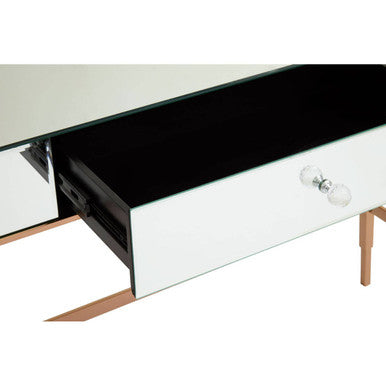 Rose Gold Console Table with Mirrored Glass Top and Drawer, Goldie