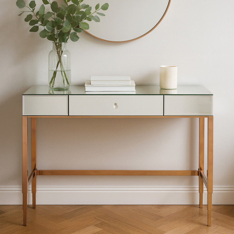 Rose Gold Console Table with Mirrored Glass Top and Drawer, Goldie