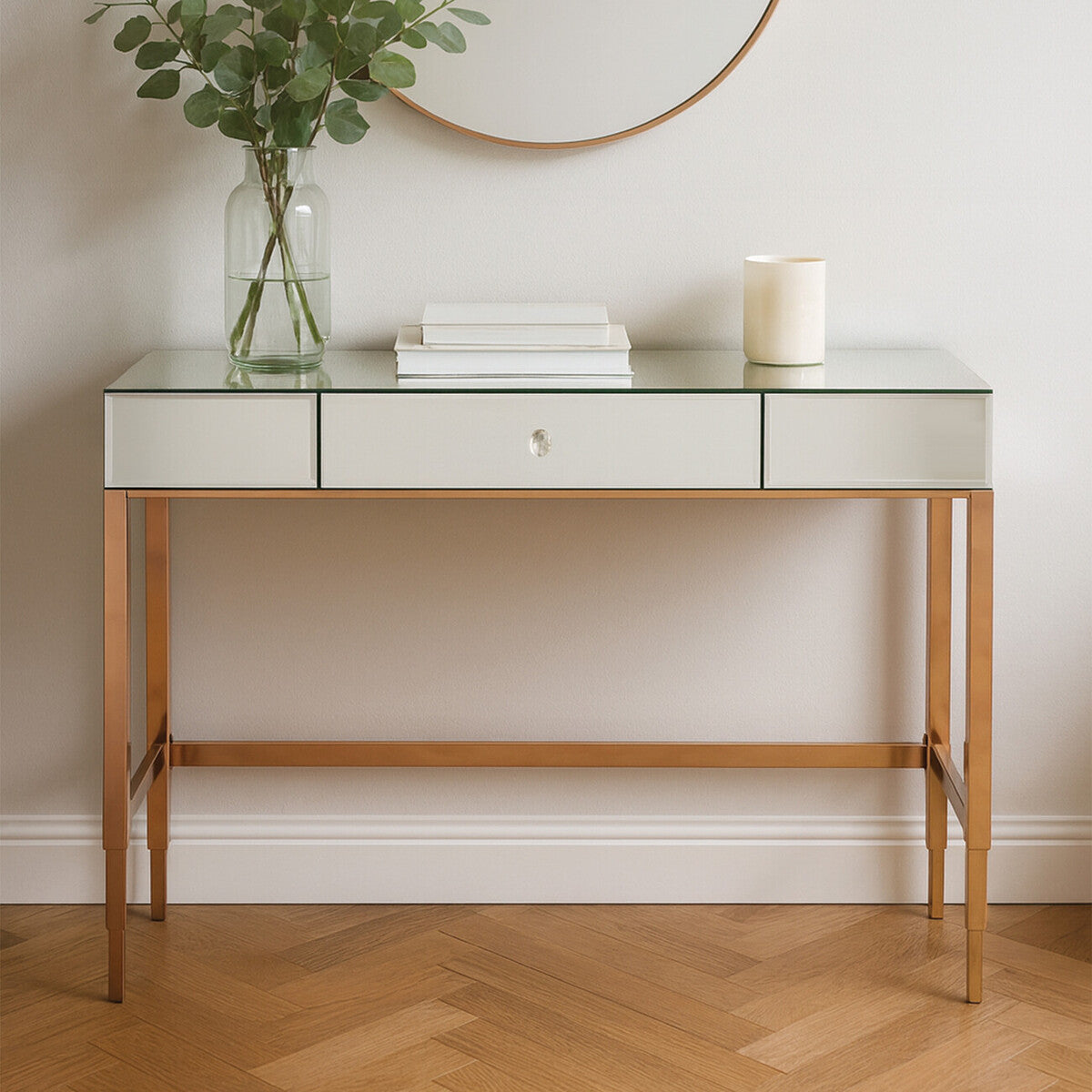 Rose Gold Console Table with Mirrored Glass Top and Drawer, Goldie