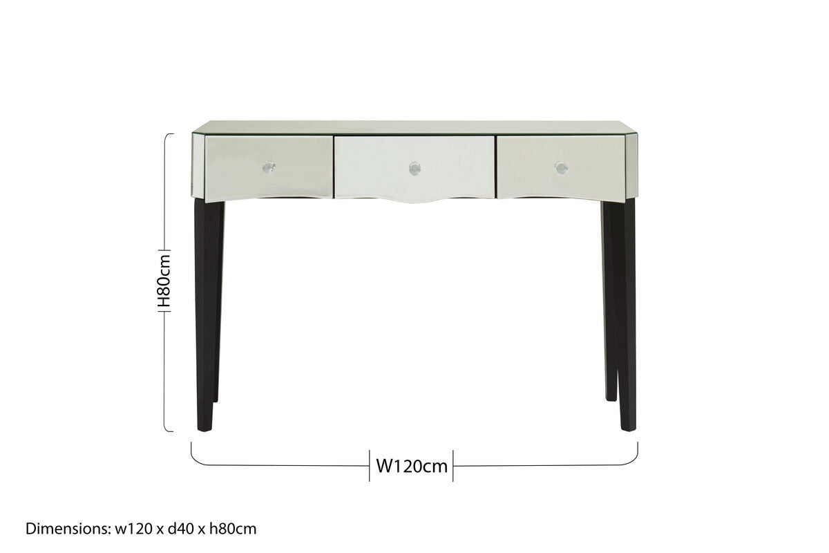 Mirrored Console Table with Black Finish Wooden Legs and Crystal Drawer Knobs, Gabriella