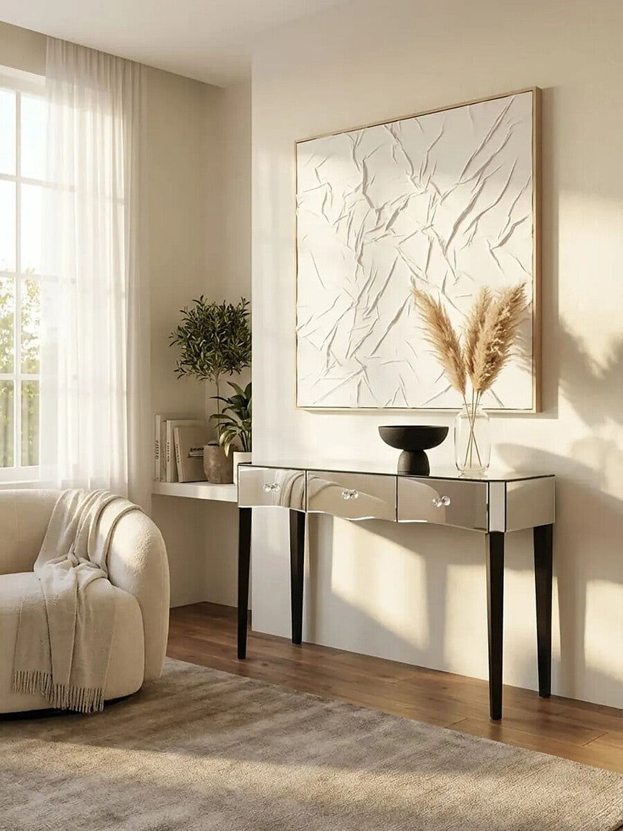 Mirrored Console Table with Black Finish Wooden Legs and Crystal Drawer Knobs, Gabriella