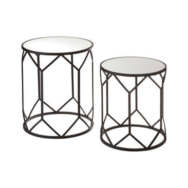 Set of 2 Black Geometric Metal Side Tables with Mirrored Glass Tops, Avantis