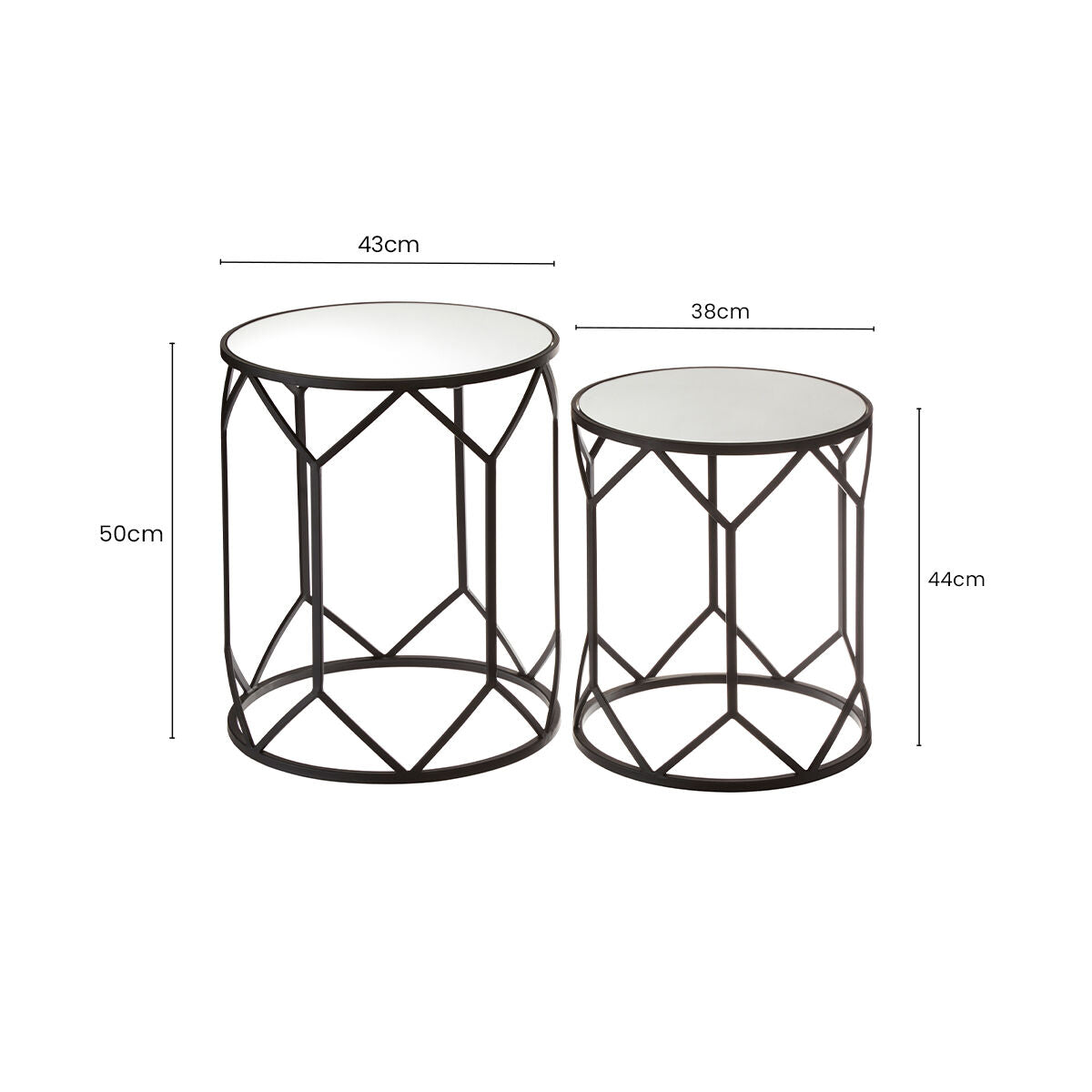 Set of 2 Black Geometric Metal Side Tables with Mirrored Glass Tops, Avantis