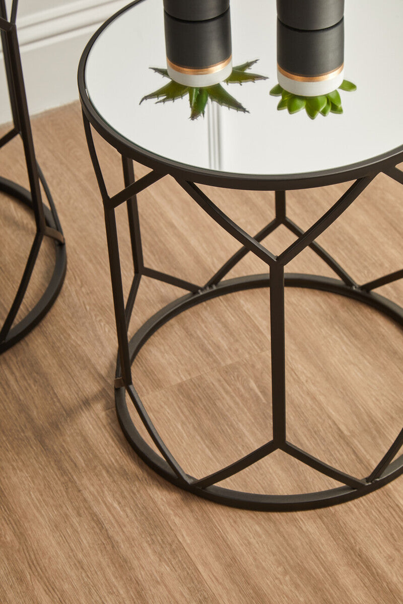 Set of 2 Black Geometric Metal Side Tables with Mirrored Glass Tops, Avantis
