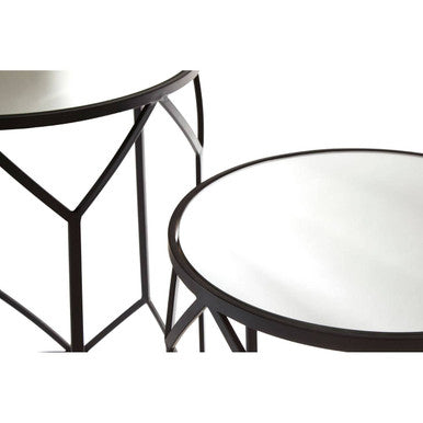 Set of 2 Black Geometric Metal Side Tables with Mirrored Glass Tops, Avantis