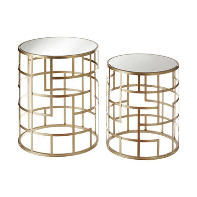 Set of 2 Gold Champagne Finish Art Deco Metal Base Side Tables with Mirrored Glass Tops, Avantis