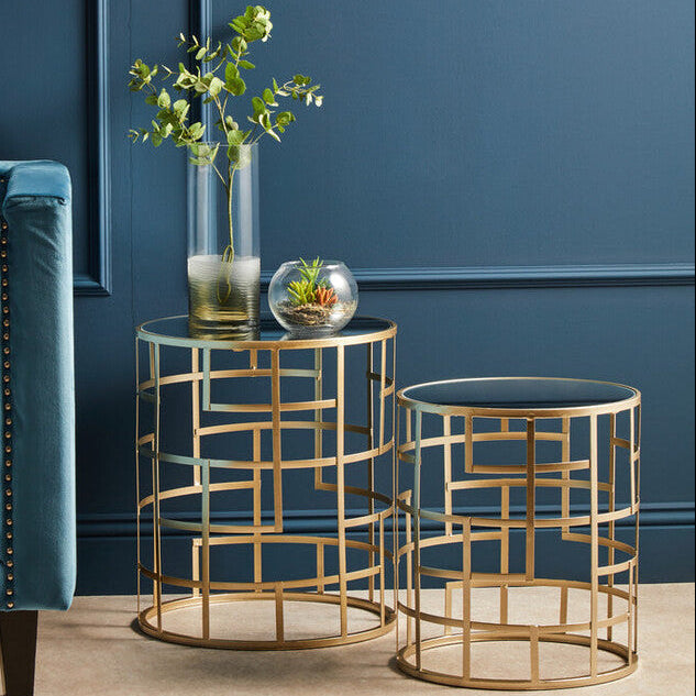 Set of 2 Gold Champagne Finish Art Deco Metal Base Side Tables with Mirrored Glass Tops, Avantis