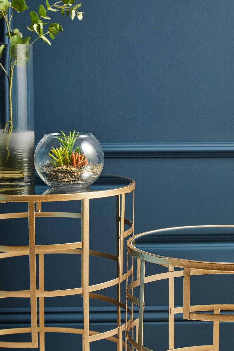 Set of 2 Gold Champagne Finish Art Deco Metal Base Side Tables with Mirrored Glass Tops, Avantis