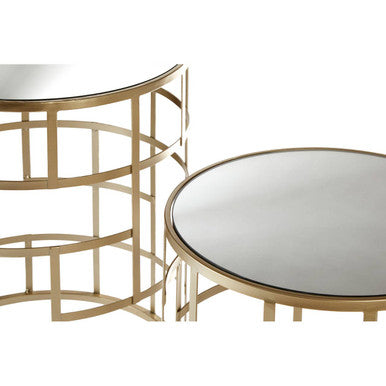 Set of 2 Gold Champagne Finish Art Deco Metal Base Side Tables with Mirrored Glass Tops, Avantis