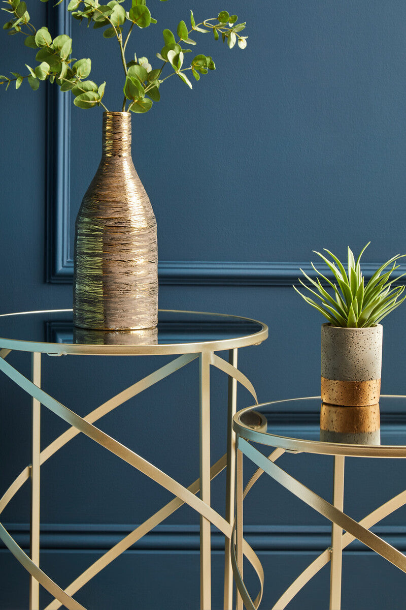 Set of 2 Gold Champagne Finish Flowing Swirl Metal Frame Side Tables with Mirrored Glass Tops, Avantis