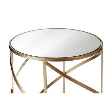 Set of 2 Gold Champagne Finish Flowing Swirl Metal Frame Side Tables with Mirrored Glass Tops, Avantis