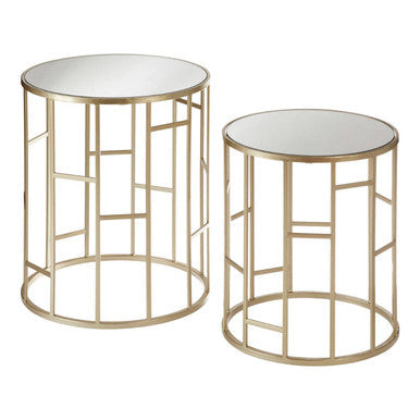 Set of 2 Gold Champagne Finish Asymmetric Round Side Tables with Mirrored Glass Tops, Avantis