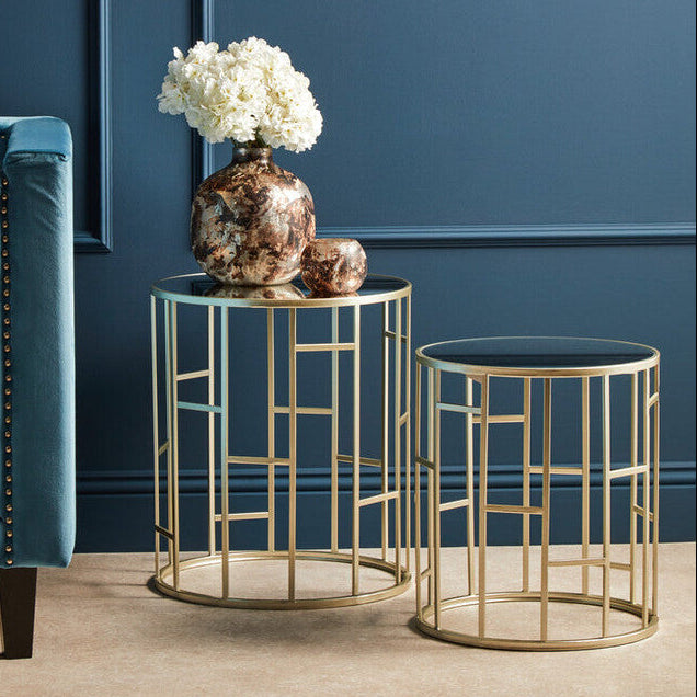 Set of 2 Gold Champagne Finish Asymmetric Round Side Tables with Mirrored Glass Tops, Avantis